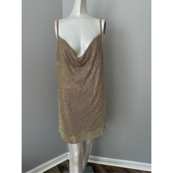 SNDYS Crystal Glass Cowl Neck Backless Sunset Mini Dress Gold $108 - Picture 4 of 11